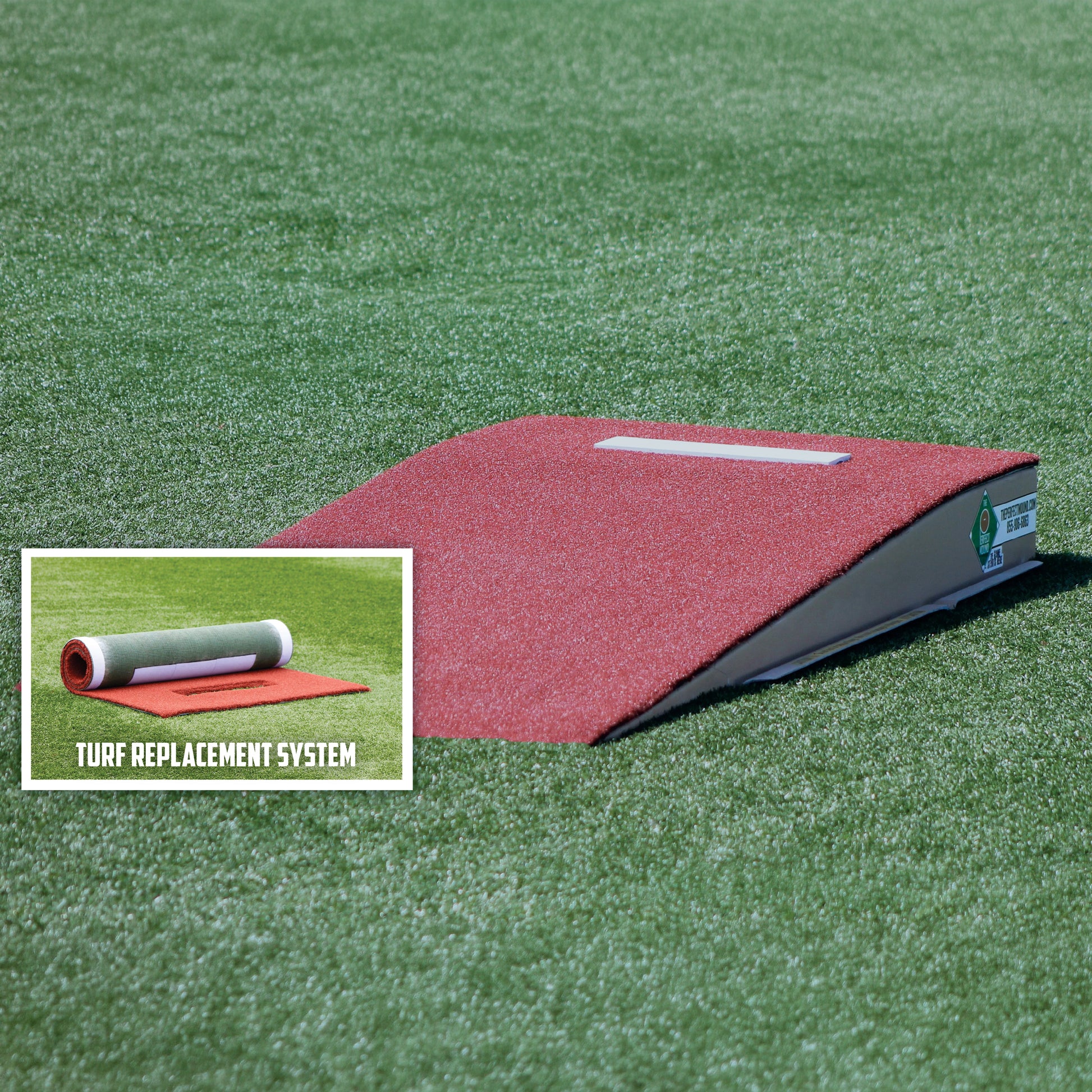 The Perfect Mound Youth Portable Pitching Mound for Little League & Youth Baseball, shown in red on artificial turf. An inset highlights the Turf Replacement System with a rolled-up replacement turf piece.
