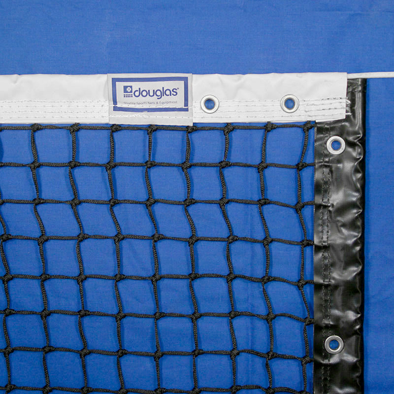 Close-up of the Official Pickleball Net (36' x 21' 9") featuring white and black reinforced edges, metal grommets, and a visible Douglas label, displayed on a blue court.