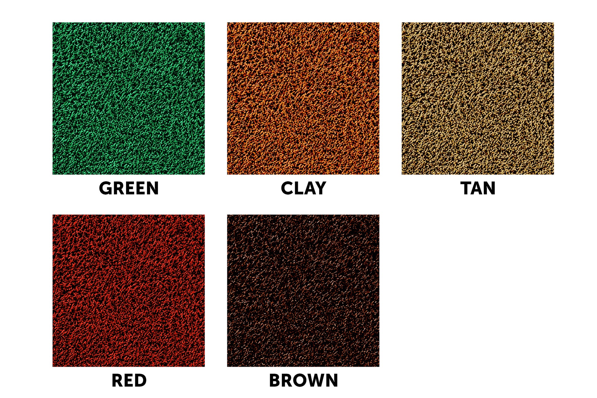 Five textured color swatches labeled: GREEN, CLAY, TAN, RED, and BROWN are arranged in two rows. Each swatch features a unique color and texture pattern from the Portolite Lacrosse Mat | Spiketek Turf Protection Mat For Practice and Drills—ideal for use as a lacrosse mat or turf protection during practice sessions.