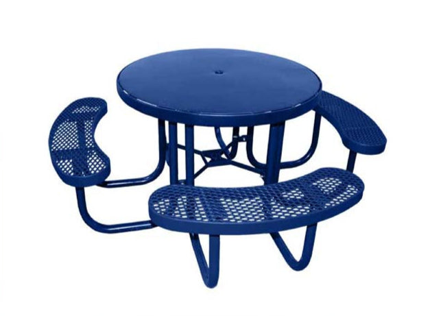 Model #PPS955S01000. Champion smooth surface round picnic table. 48" diameter, blue, expanded metal seats, free standing.