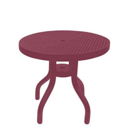 Model #PPS908D81O00C. Outdoor patio table. 30 inch diameter, burgundy, perforated steel.