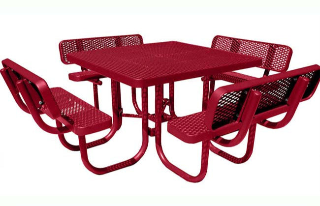 Model # PPS922101O11C. Champion square four seat picnic table. 4 foot, red, expanded metal, free standing.