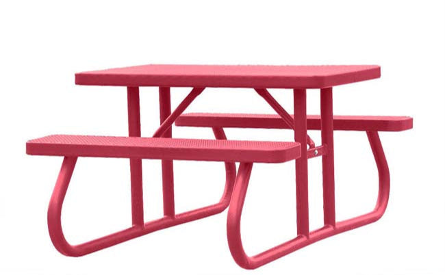 Model #PPS924101O11C. Champion picnic table. 4 foot, red, expanded metal, free standing.