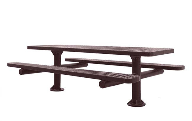 Model #PPS924507O88C. Champion picnic table, 8 foot, brown, perforated steel, double pedestal, surface mount.
