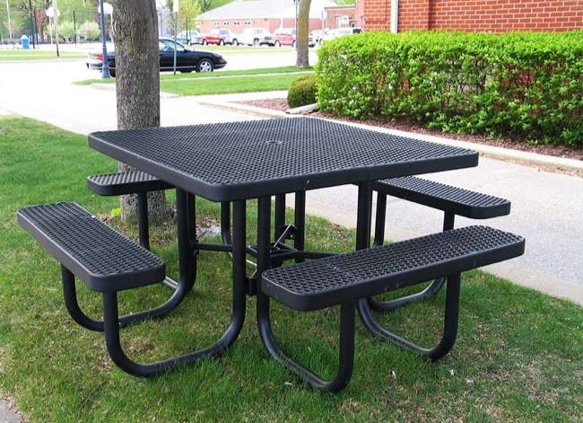 Model # PPS926101O99A. Champion square picnic table. 4 foot, black, expanded metal, free standing.