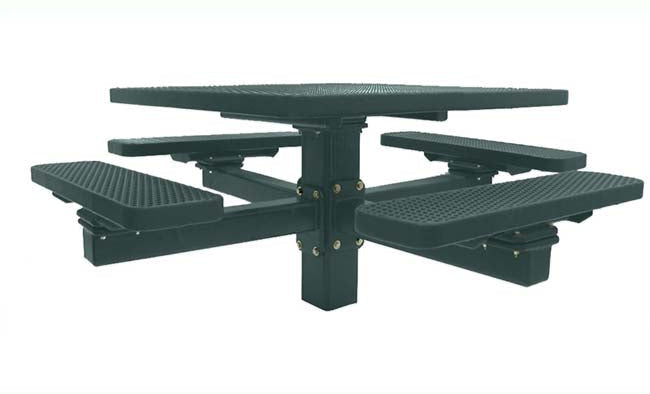 Model #PPS926108O66C. Champion square picnic table. 4 foot, evergreen, expanded metal, single pedestal direct bury.