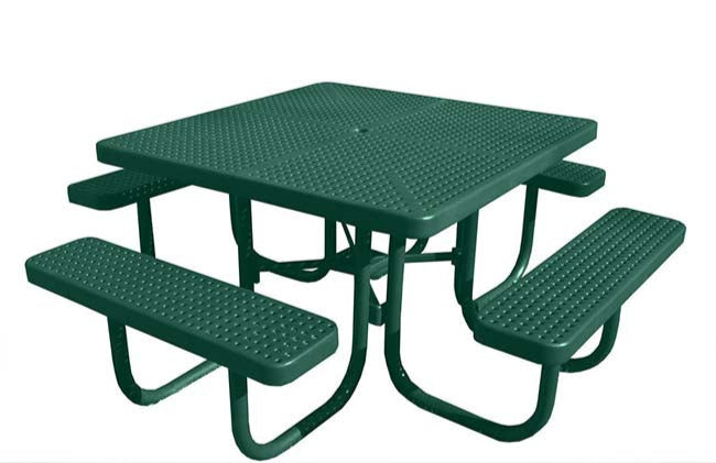 Model #PPS9261P1O33C. Champion four seat square picnic table. 4 foot, hunter green, perforated steel, free standing.