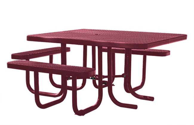 Model #PPS927101O00C. Champion wheelchair accessible square picnic table. Burgundy, expanded metal, free standing.