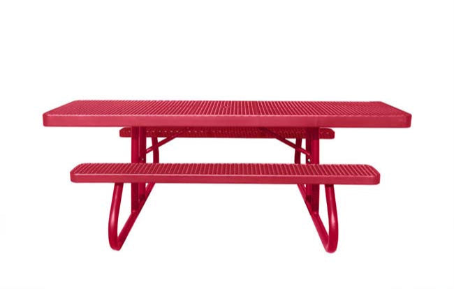 Model #PPS950501O11C. Wheelchair accessible picnic table. 8 foot, red, expanded metal, free standing.