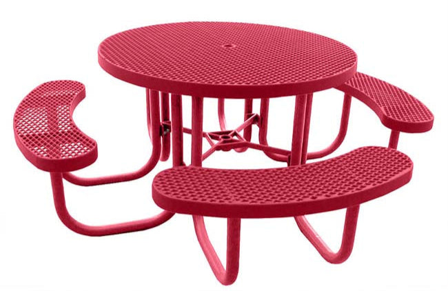 Model #PPS955101O11C. Champion 3 seat round picnic table. Red, 48" diameter, expanded metal, free standing.