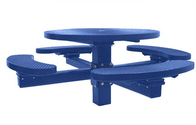 Model #PPS955108O22C. Champion 4 seat round picnic table. Blue, 48" diameter, expanded metal, single pedestal, direct bury.