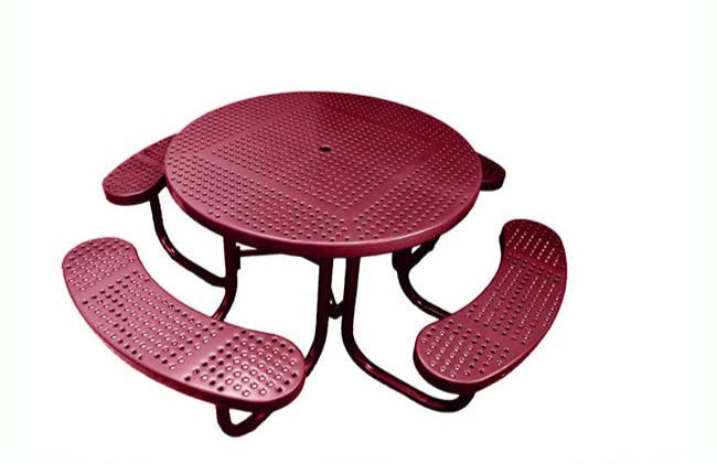 Model #PPS9551P1O00C. Champion 4 seat round picnic table. 48 inch diameter, burgundy, perforated steel, free standing.