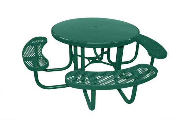 Champion round 3 seat wheelchair accessible picnic table. 48 inch diameter, hunter green, expanded metal, free standing.