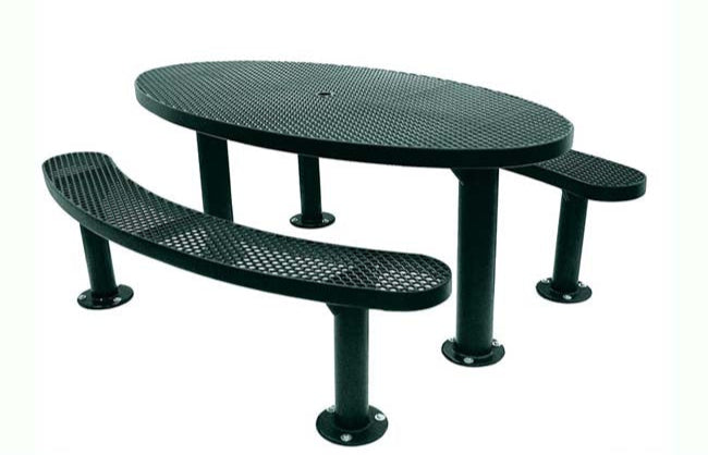Model #PPS956305O66C. Champion oval picnic table. 6 foot, evergreen, expanded metal, double pedestal, surface mount.