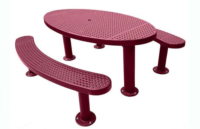 Model #PPS956356O00C. Champion oval picnic table. 3' x 6', burgundy, perforated steel, multi-pedestal, surface mount.