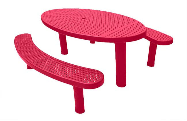 Model #PPS9563P6O11C. Champion oval picnic table. 3' x 6', red, perforated steel, multi pedestal, direct bury.
