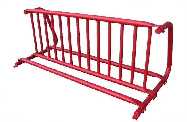 Model #PPS997008011. Red double sided gate style bike rack for up to 12 bikes.