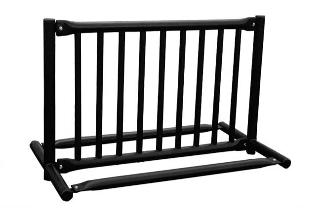 Model #PPS997205099. Black double sided gate style bike rack for up to 8 bikes.