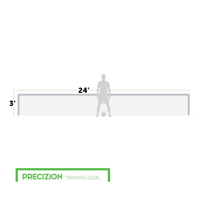 Graphic depiction showing dimensions of the Precizion soccer goal being 3' tall and 24' wide.