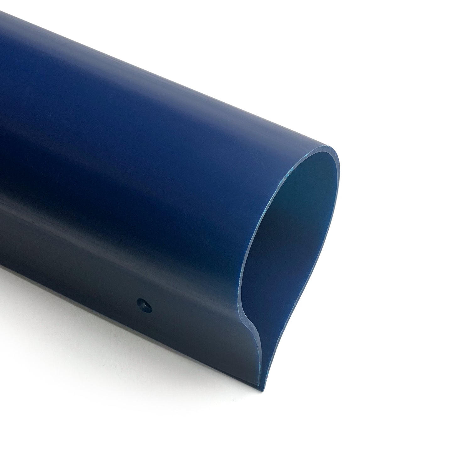 A close-up of the Premium Fence Guard, a blue cylindrical plastic pipe with a cut-out notch on one side, shown against a white background.