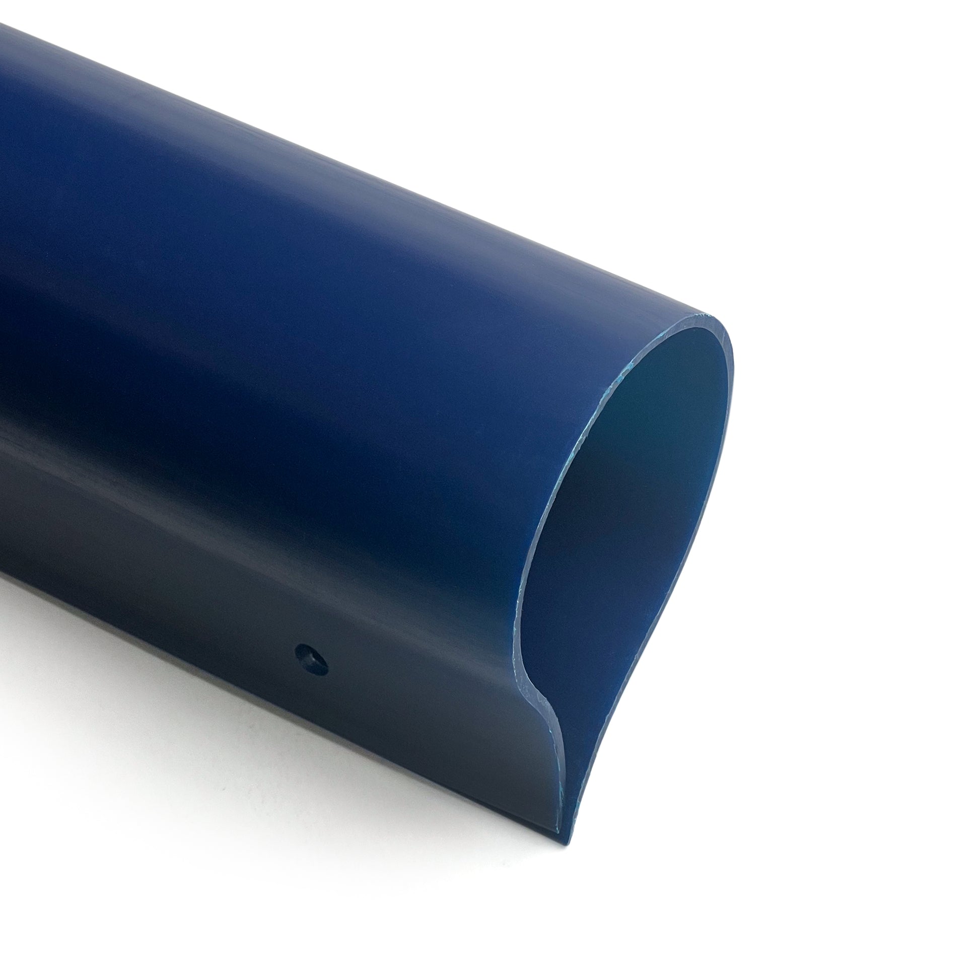 A close-up of the Premium Fence Guard, a blue cylindrical plastic pipe with a cut-out notch on one side, shown against a white background.