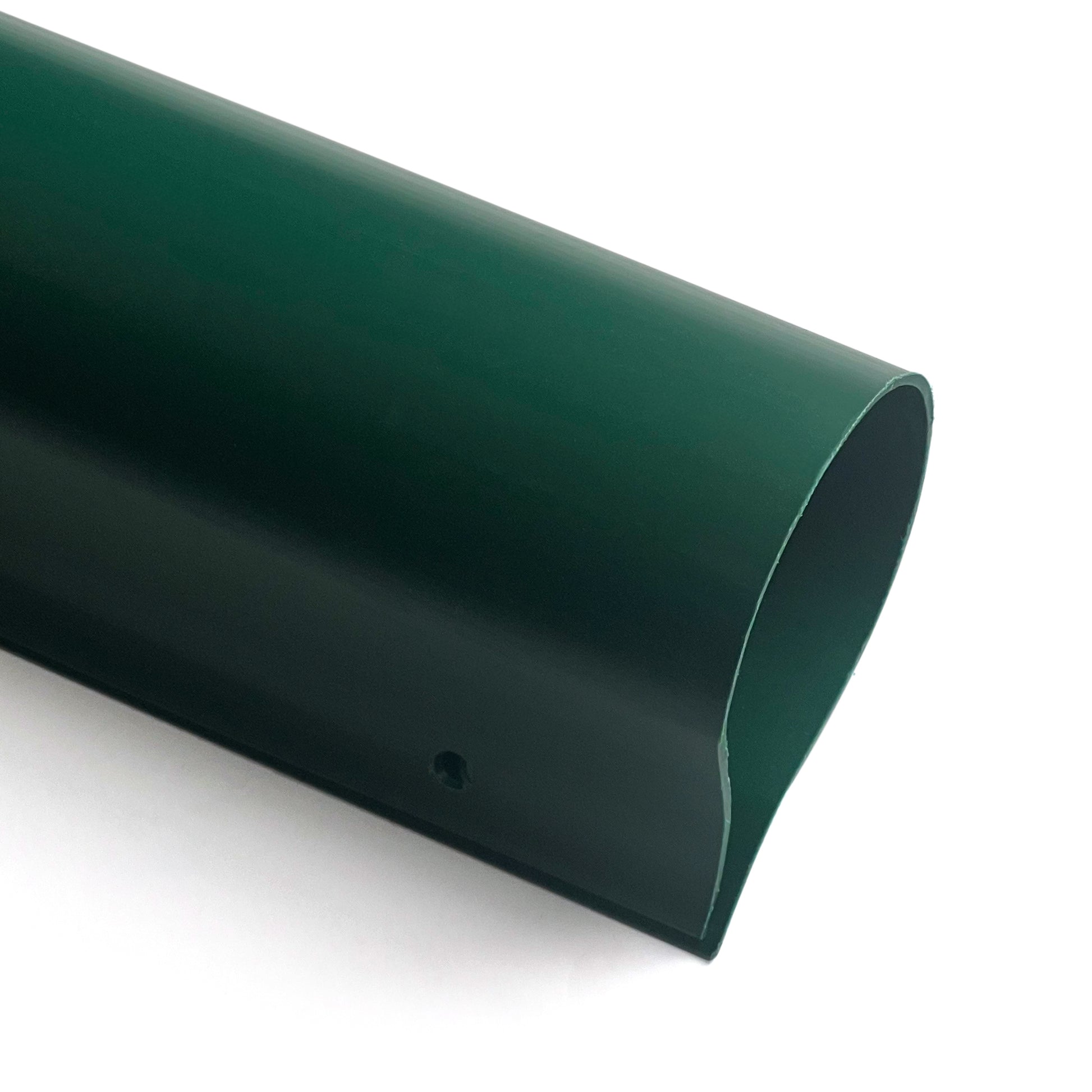 A close-up of the Premium Fence Guard, a dark green, semi-cylindrical metal pole with a smooth finish and small hole near the end. This UV-resistant fence cap is angled diagonally on a white background, ensuring protection and durability.