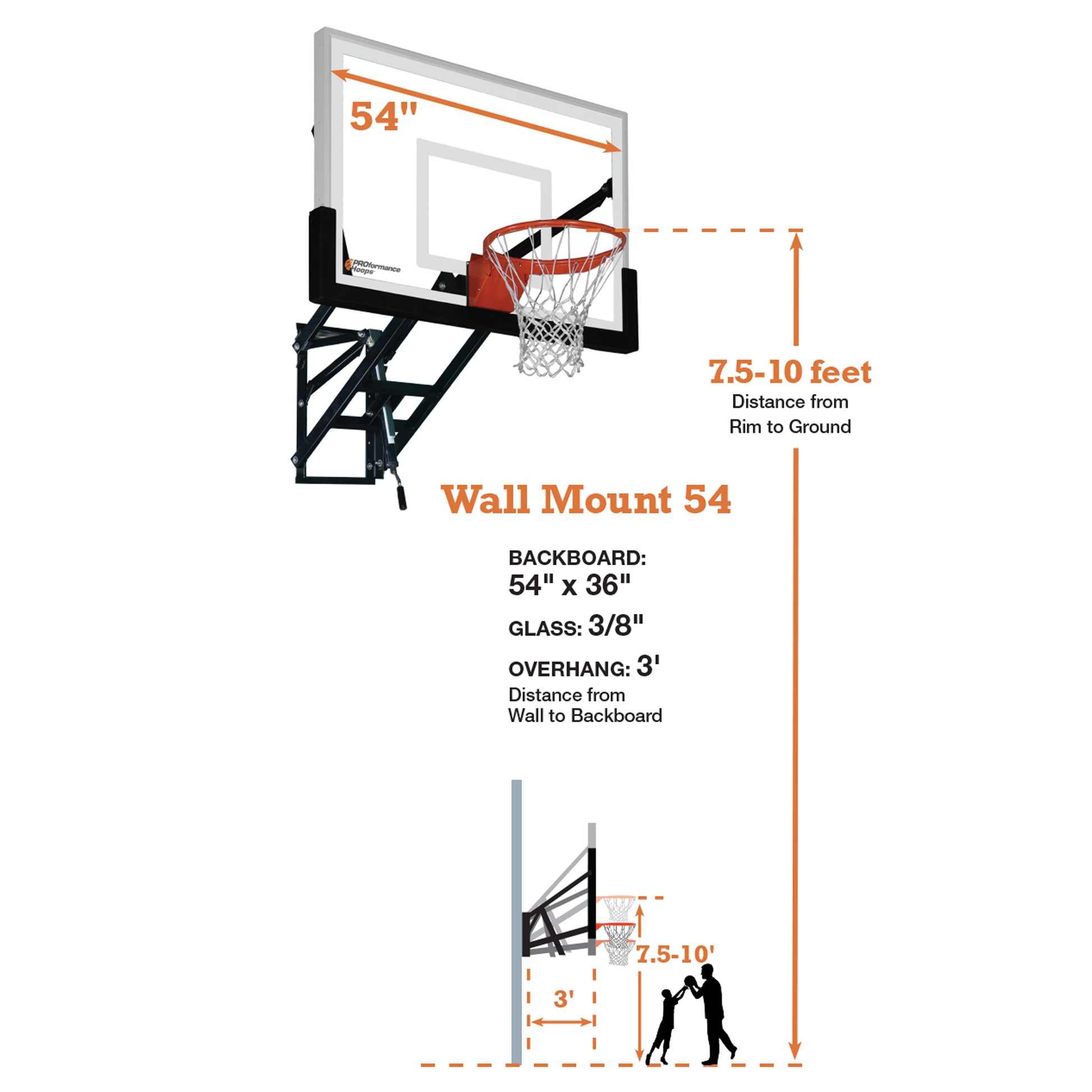 Diagram of the PROformance Wall Mount Basketball Hoop featuring a 54x36 glass backboard, 3 overhang, and adjustable rim height from 7.5 to 10 feet. Includes detailed measurements and an illustration of a person shooting.