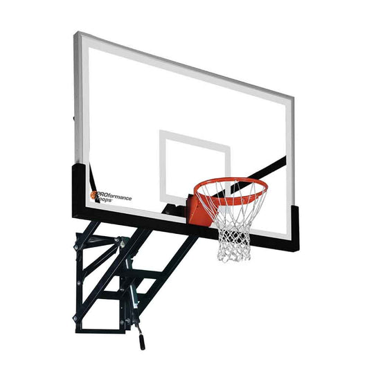 The PROformance Wall Mount Basketball Hoop features a clear glass backboard, orange rim, white net, durable black metal support, and an easy-to-use visible height adjustment system for customizable play.