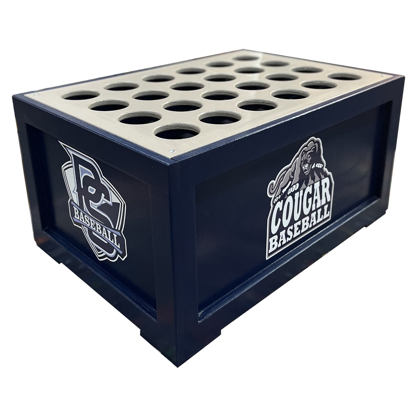 The Black Mamba Dugout Bat Storage Unit holds 24 bats, features a rectangular blue design with round holes on top, and displays PC Baseball and Cougar Baseball logos on its sides.