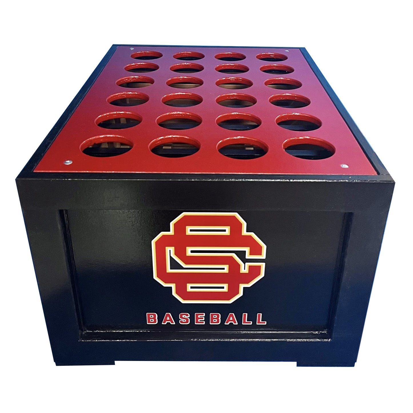 The Black Mamba Dugout Bat Storage Unit is a black rectangular rack with a red top, featuring 24 circular bat slots and a bold SC logo above "BASEBALL" on the front, crafted from durable MDO signboard for baseball and softball.