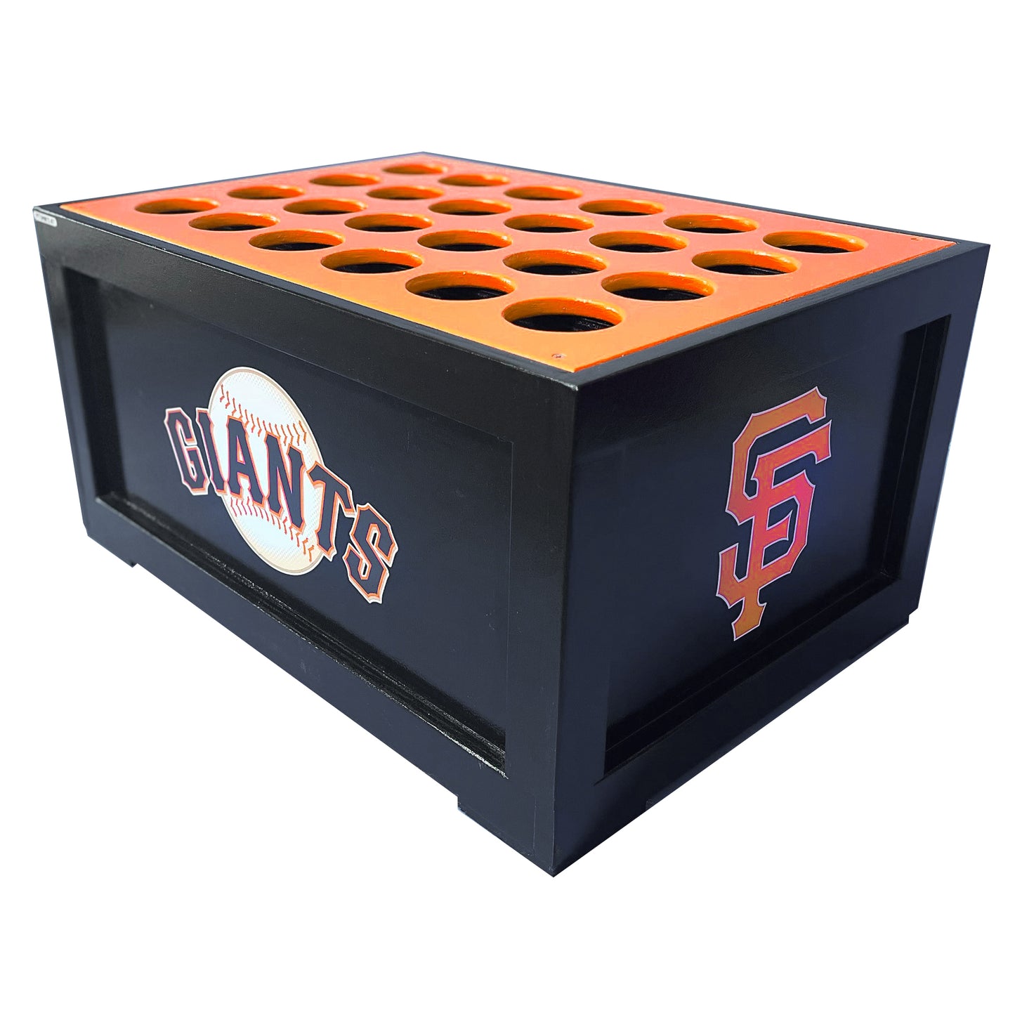The Black Mamba Dugout Bat Storage Unit holds 24 bats in a black rectangular design with orange holes and showcases the San Francisco Giants logo and "GIANTS" on the side—ideal baseball or softball bat storage for fans.