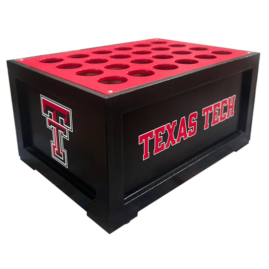 The Black Mamba Dugout Bat Storage Unit is a black and red wood rack that holds 24 bats, with multiple holes on top, featuring the Texas Tech logo and "TEXAS TECH" on the side panels.