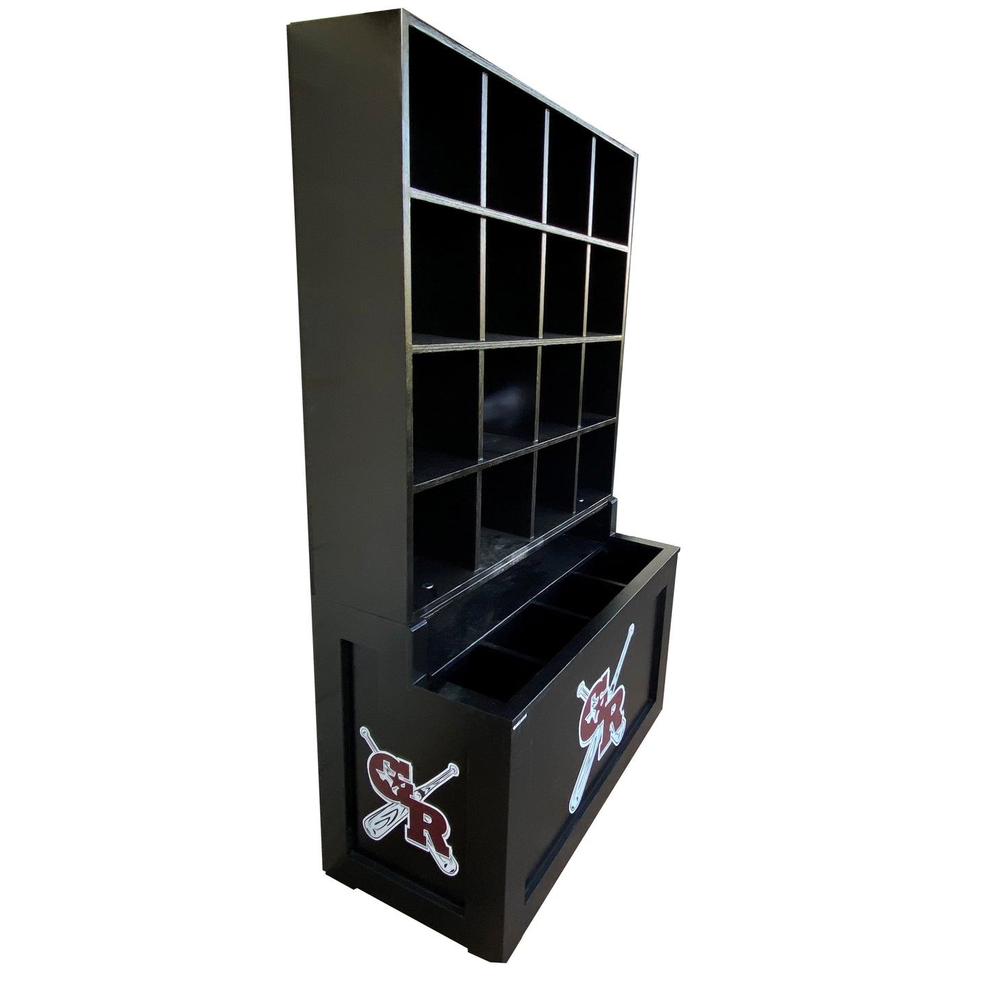 The Commander Dugout Helmet and Bat Rack is a black wooden organizer with multiple compartments, a lower section, and holds 16 helmets for baseball or softball; maroon and white team logos with crossed paddles and a star R are featured on the front. Side angle view shown.