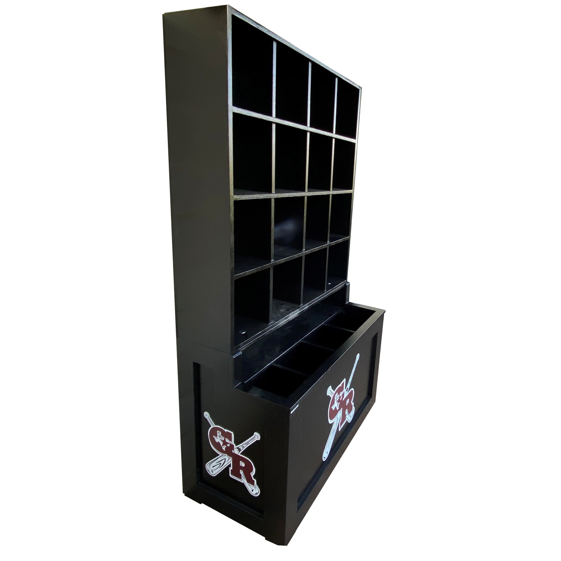 The Commander Dugout Helmet and Bat Rack is a black wooden organizer with multiple compartments, a lower section, and holds 16 helmets for baseball or softball; maroon and white team logos with crossed paddles and a star R are featured on the front. Side angle view shown.