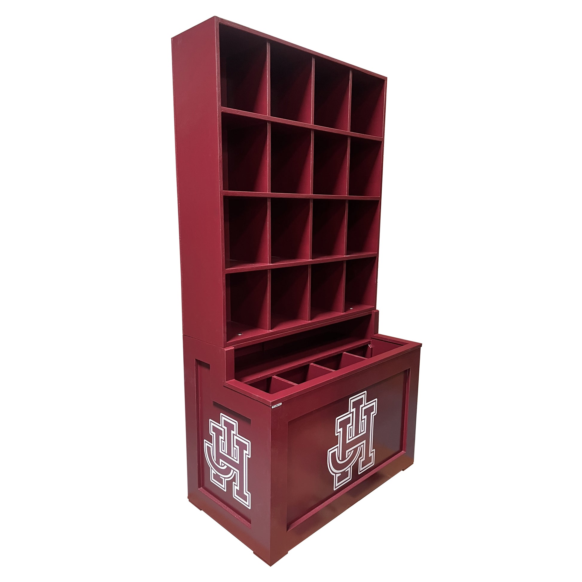 The Commander Dugout Helmet and Bat Rack is a tall, maroon 16-helmet storage unit with multiple cubbies and large UH logos on the lower section, ideal for organizing helmets and bats in the baseball dugout. Set against a white background.