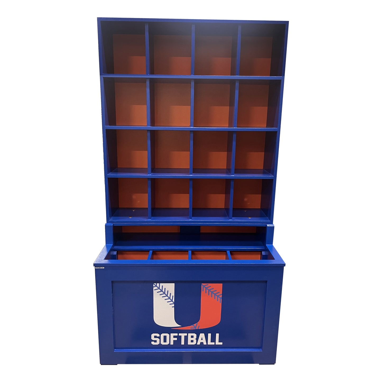 The Commander Dugout Helmet and Bat Rack is a blue and red 16-helmet baseball & softball storage unit, ideal as a dugout organizer. It features a large U Softball logo with a baseball motif on the front lower panel against a white background.