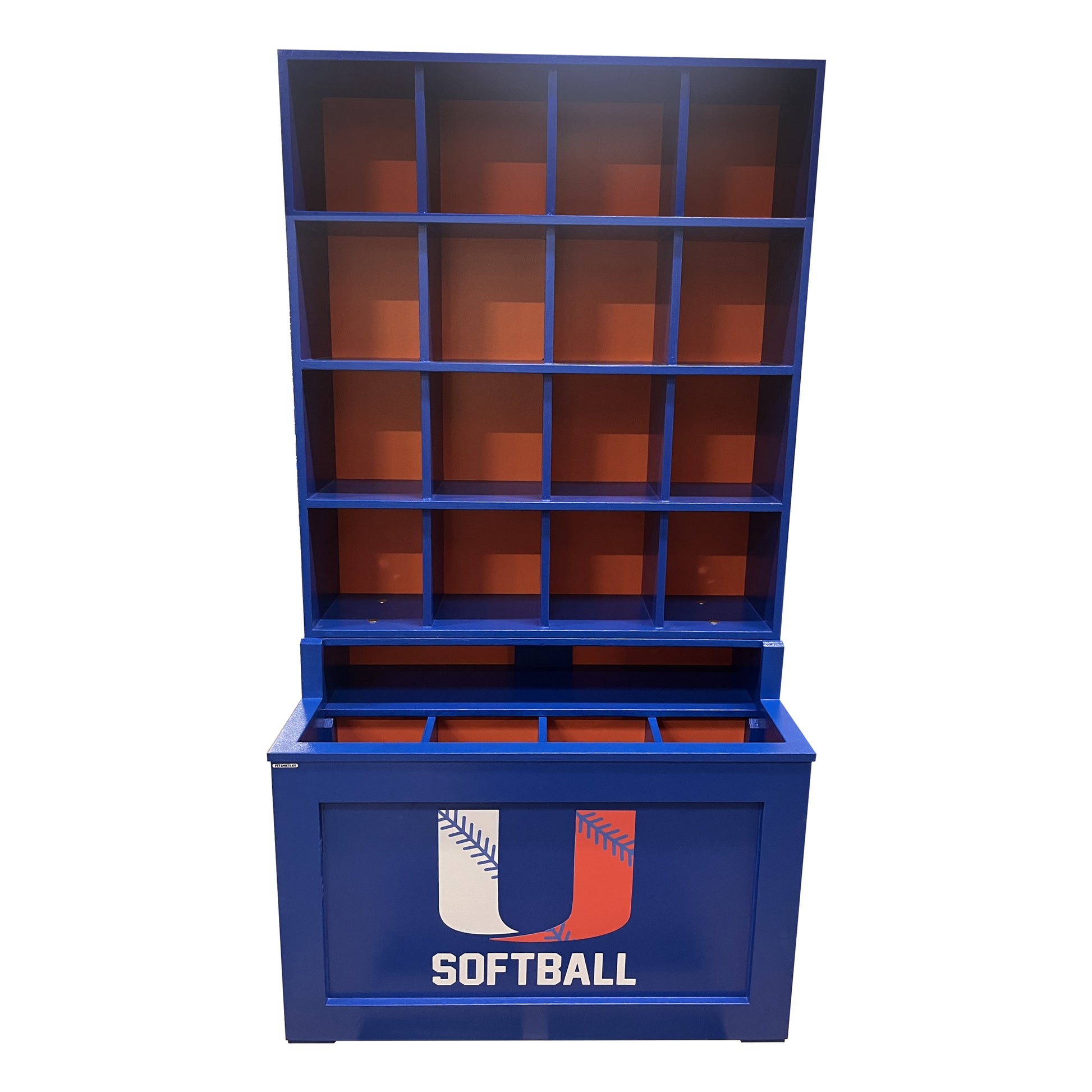 The Commander Dugout Helmet and Bat Rack is a blue and red 16-helmet baseball & softball storage unit, ideal as a dugout organizer. It features a large U Softball logo with a baseball motif on the front lower panel against a white background.
