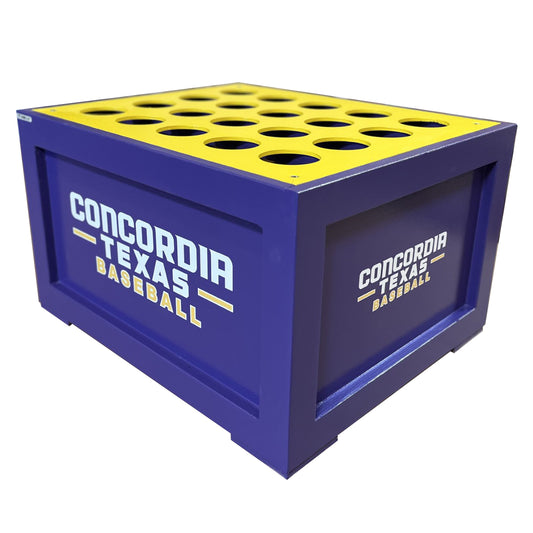 The Diamondback Bat Box is a blue and yellow 20-bat baseball & softball dugout storage unit with holes on top, perfect for storing equipment or bats. "CONCORDIA TEXAS BASEBALL" is printed on the side.