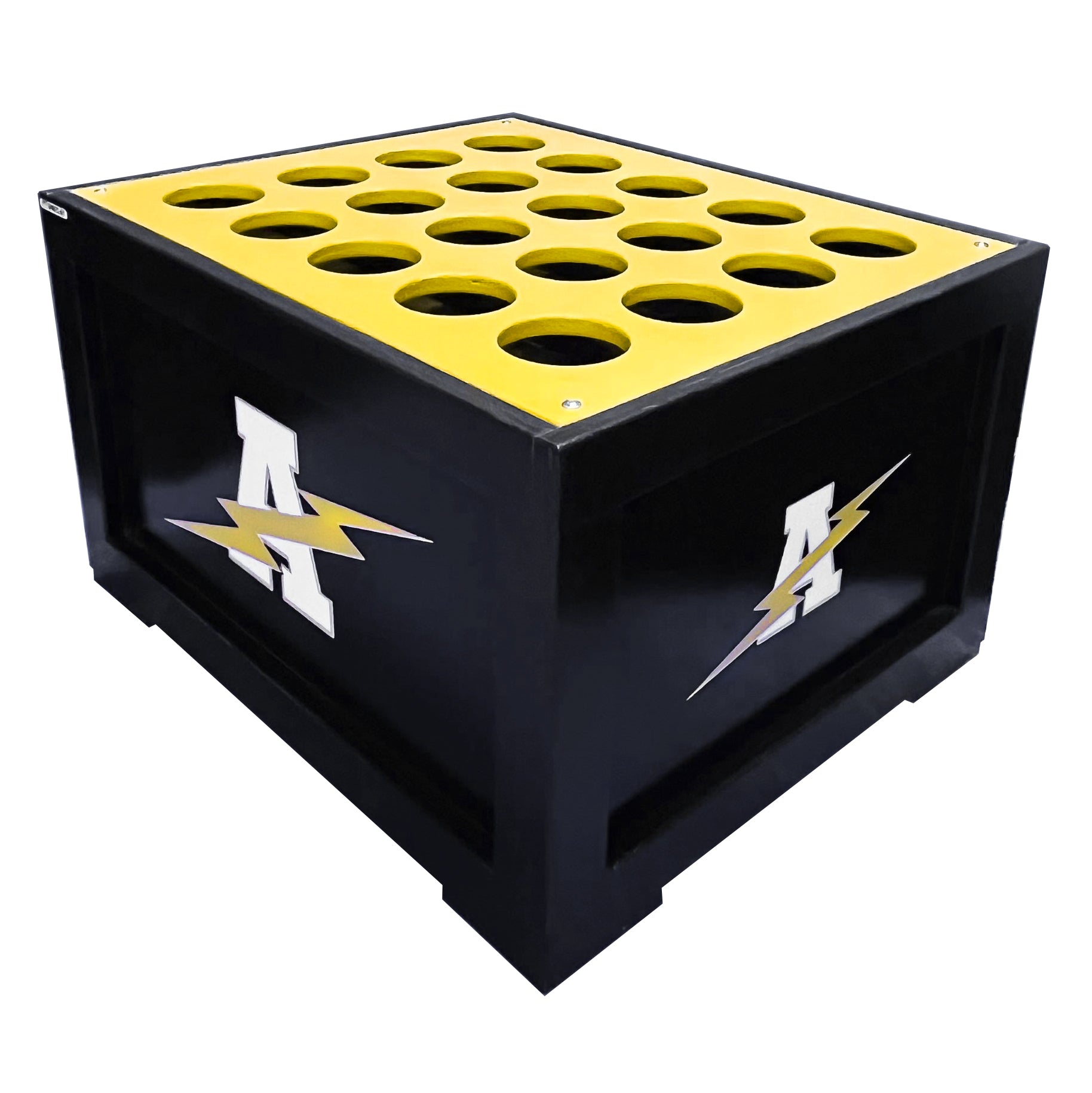 The Diamondback Bat Box is a black rectangular dugout organizer with a yellow top and multiple circular holes, featuring lightning bolt and letter A logos—ideal for storing up to 20 baseball or softball bats in the dugout.