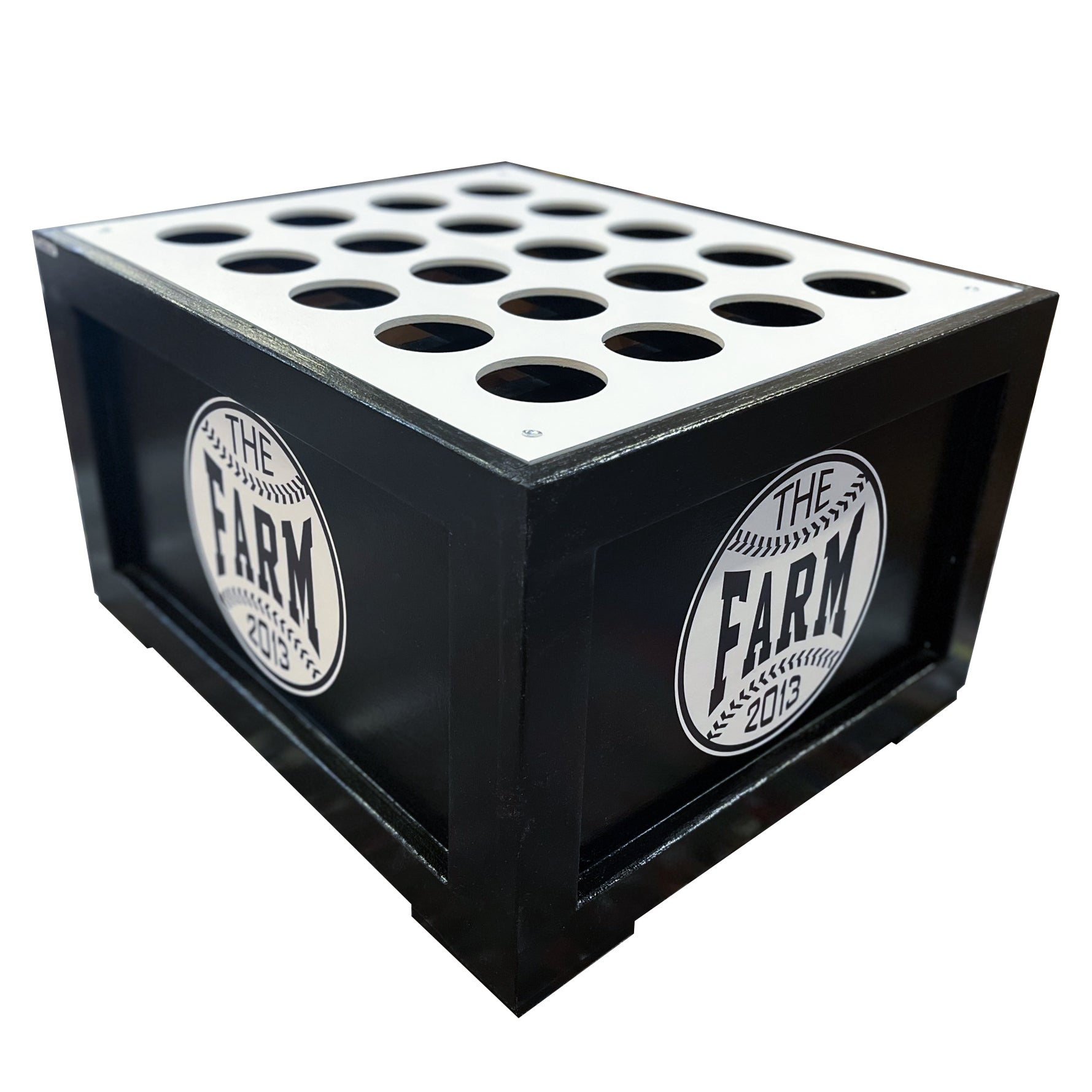 The Diamondback Bat Box is a sturdy, black MDO signboard organizer with white circular top holes and “The Farm 2013” logo, perfect for storing up to 20 bats or keeping dugout items neatly arranged.