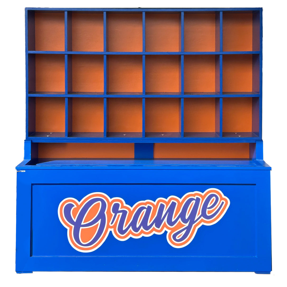 The Field General Dugout Helmet and Bat Rack is a blue unit with multiple empty square compartments, "Orange" in bold orange and white on the front, and orange-painted shelf interiors—ideal for storing up to 18 baseball or softball helmets.