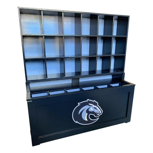 The Field General Dugout Helmet and Bat Rack is a black wooden organizer with multiple square compartments, an open lower section, and a white and blue lion head logo—ideal for storing up to 18 helmets in baseball or softball dugouts.