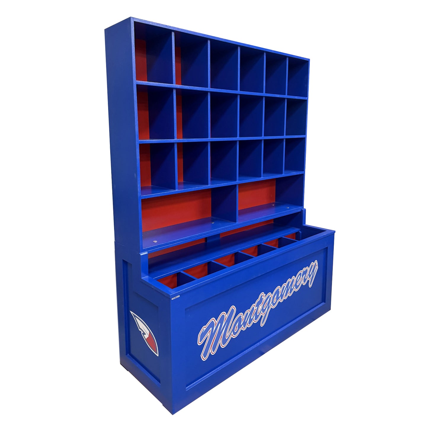 The Field Marshall Dugout Helmet and Bat Rack features blue and red locker-style compartments for organized storage of up to 24 helmets. Displaying the Montgomery name and hawk logo, it offers a clean, sporty look—ideal as a baseball dugout organizer.