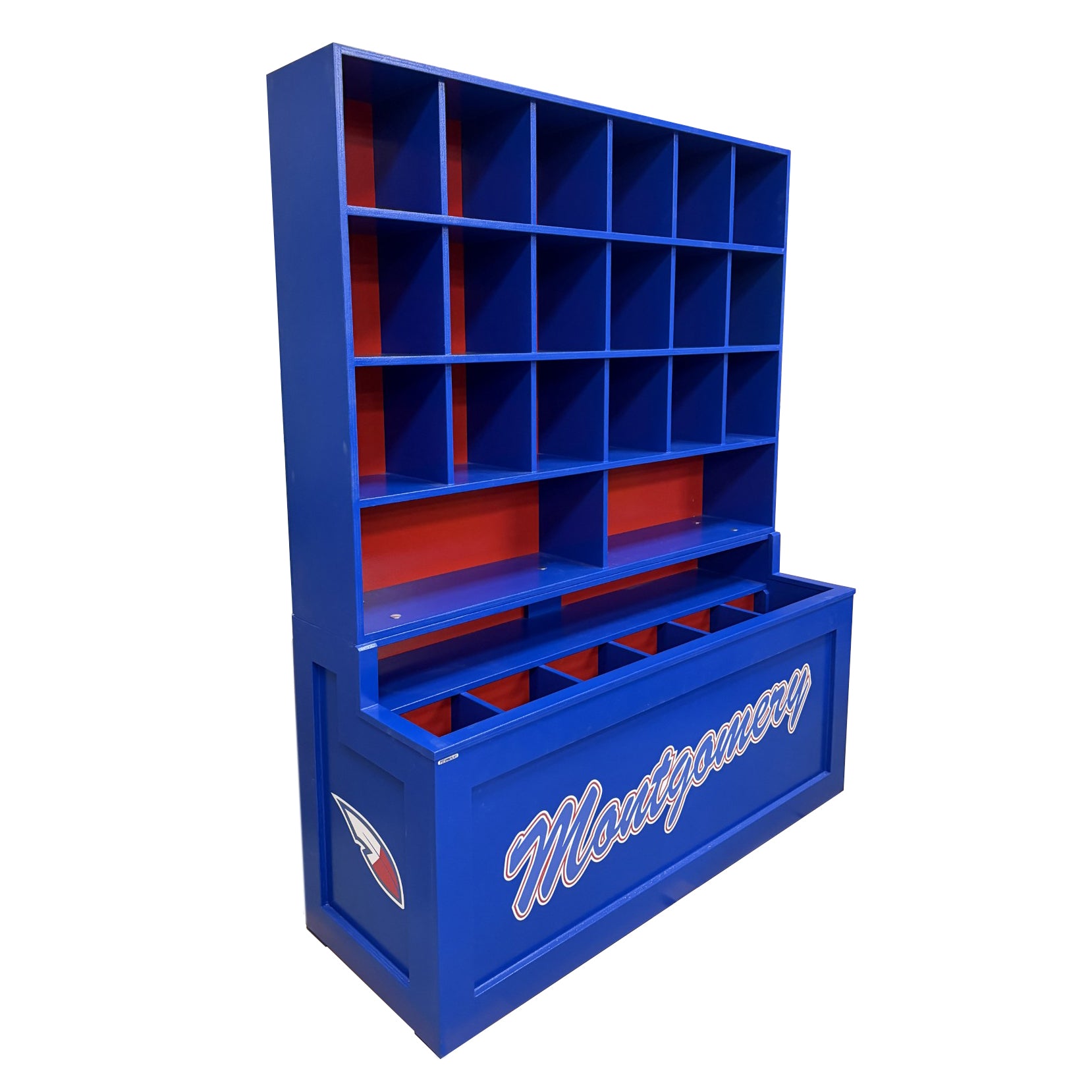 The Field Marshall Dugout Helmet and Bat Rack features blue and red locker-style compartments for organized storage of up to 24 helmets. Displaying the Montgomery name and hawk logo, it offers a clean, sporty look—ideal as a baseball dugout organizer.
