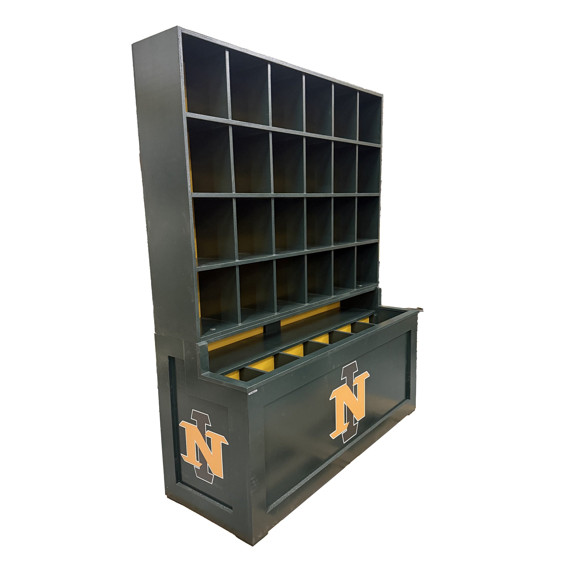 The Field Marshall Dugout Helmet and Bat Rack is a dark green wooden storage organizer for 24 helmets, featuring multiple square cubbies, a lower storage section, and large yellow N logos on the front and side panels. Shown against a white background.