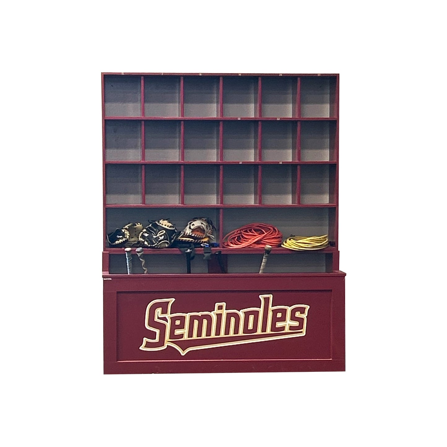 The Field Marshall Dugout Helmet and Bat Rack, a 24-helmet baseball and softball storage unit, features compartments for gear and a lower section for gloves and helmets. "Seminoles" is displayed in gold and white on the front.