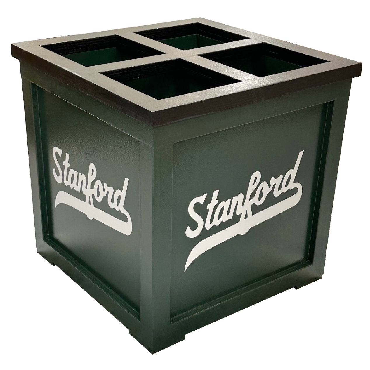 The Grizzly Dugout Bat Storage Unit is a custom-painted MLB-style bat box in dark green with four top sections and "Stanford" in white script—perfect for stylish and organized bat storage or use as a dugout bat rack.