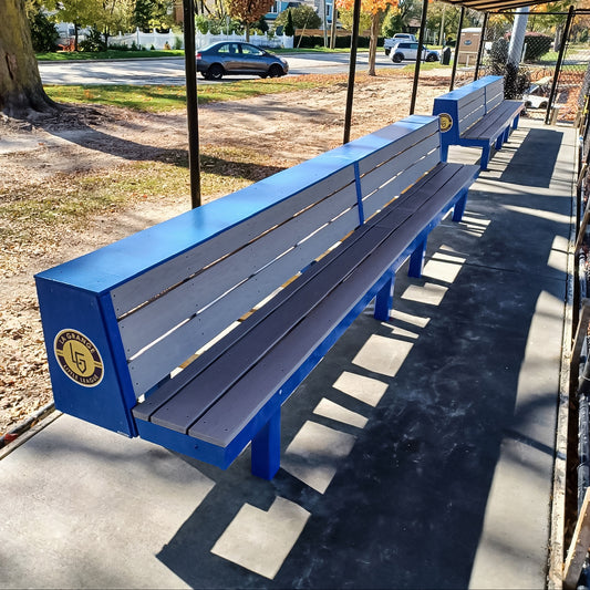 The Hawk Dugout Bench, a two-tiered team bench in blue and gray with LG logos on the sides, is lined up along a shaded concrete walkway, MLB-dugout style. Trees, grass, and parked cars are visible in the background.