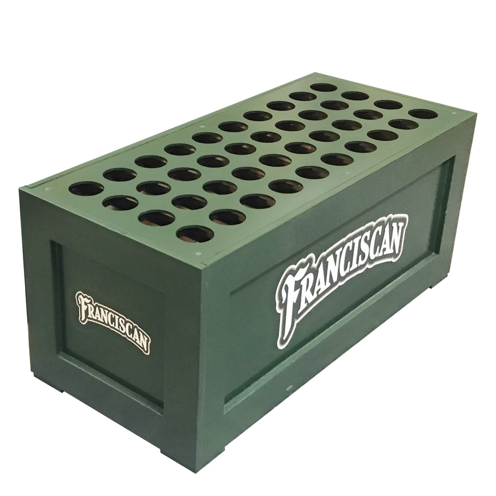 The King Cobra Dugout Bat Storage Unit stores up to 40 bats and resembles a green wooden box labeled "Franciscan" with rows of circular holes on top, ideal for organizing baseball or softball equipment.