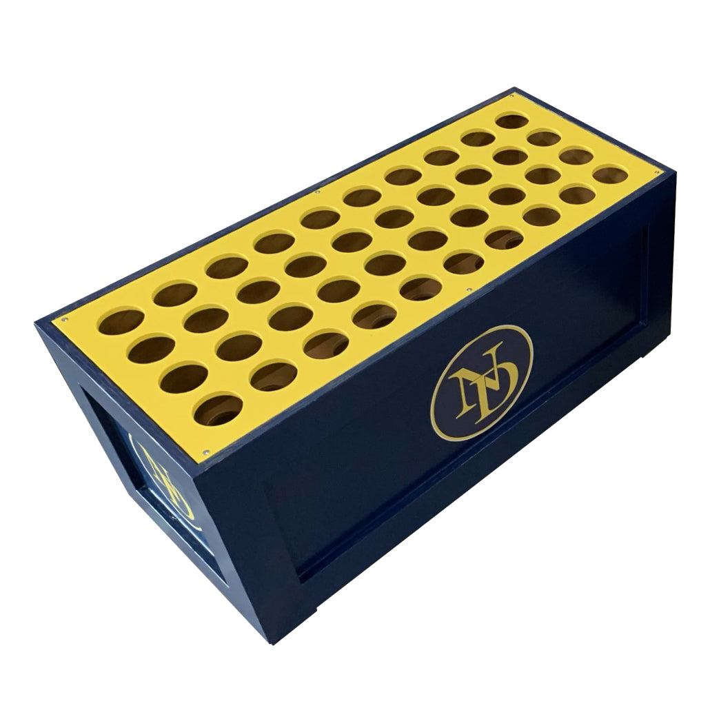 The King Cobra Dugout Bat Storage Unit holds 40 bats. With a blue rectangular body, yellow MDO signboard top with circular holes, and ND logo sides, it’s the perfect baseball or softball dugout organizer.